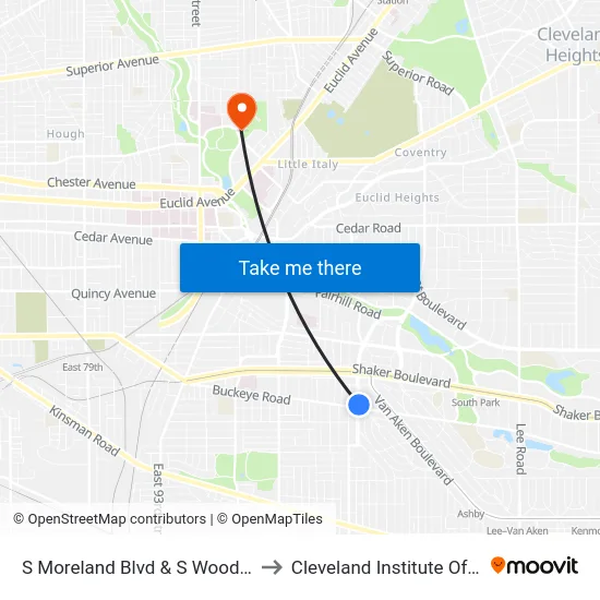 S Moreland Blvd & S Woodland Rd to Cleveland Institute Of Music map