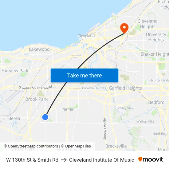 W 130th St & Smith Rd to Cleveland Institute Of Music map