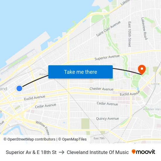 Superior Av & E 18th St to Cleveland Institute Of Music map