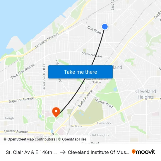 St. Clair Av & E 146th St to Cleveland Institute Of Music map