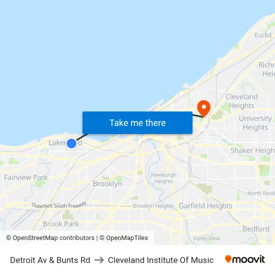 Detroit Av & Bunts Rd to Cleveland Institute Of Music map
