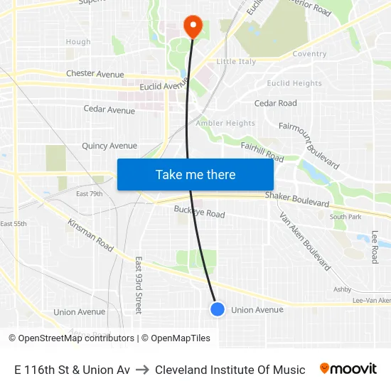 E 116th St & Union Av to Cleveland Institute Of Music map