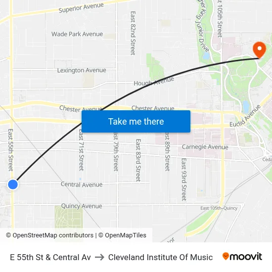 E 55th St & Central Av to Cleveland Institute Of Music map