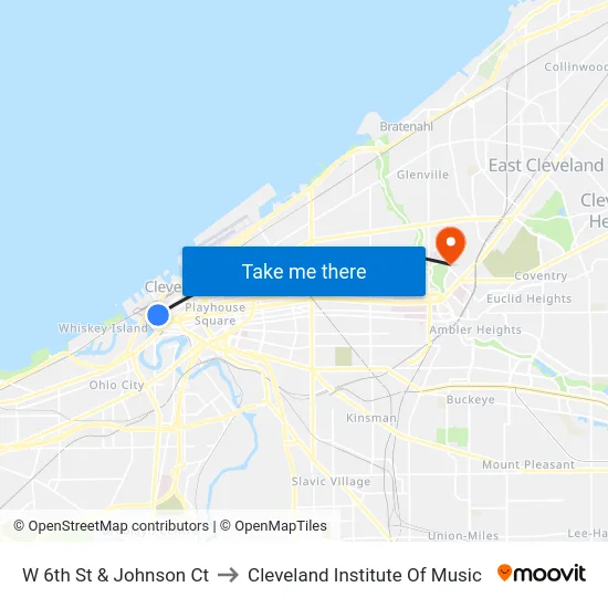 W 6th St & Johnson Ct to Cleveland Institute Of Music map