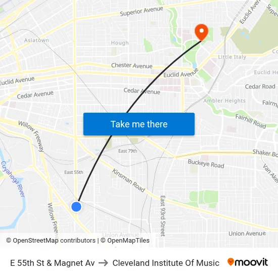 E 55th St & Magnet Av to Cleveland Institute Of Music map