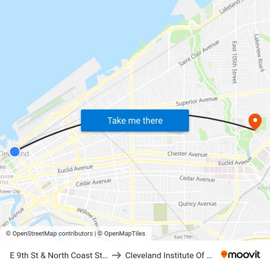 E 9th St & North Coast Station to Cleveland Institute Of Music map