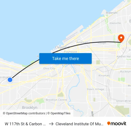 W 117th St & Carbon Rd to Cleveland Institute Of Music map