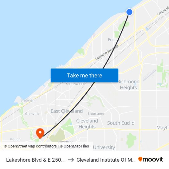 Lakeshore Blvd & E 250th St to Cleveland Institute Of Music map