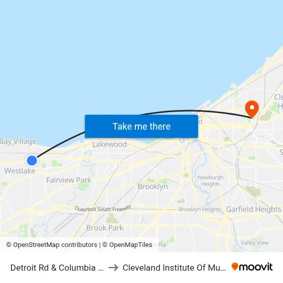 Detroit Rd & Columbia Rd to Cleveland Institute Of Music map