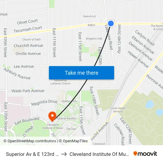 Superior Av & E 123rd St to Cleveland Institute Of Music map