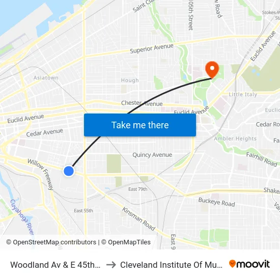 Woodland Av & E 45th St to Cleveland Institute Of Music map