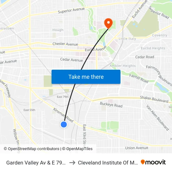 Garden Valley Av & E 79th St to Cleveland Institute Of Music map