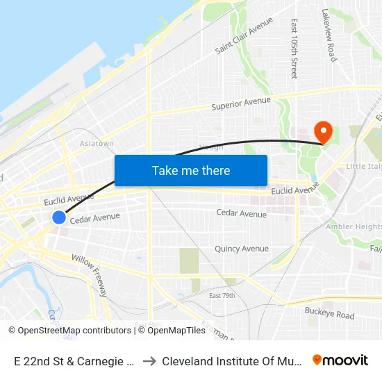 E 22nd St & Carnegie Av to Cleveland Institute Of Music map