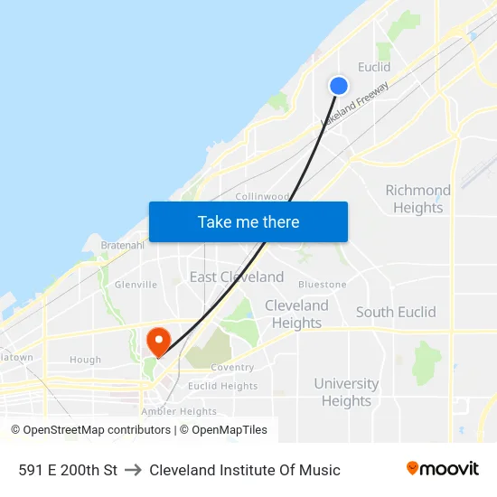 591 E 200th St to Cleveland Institute Of Music map