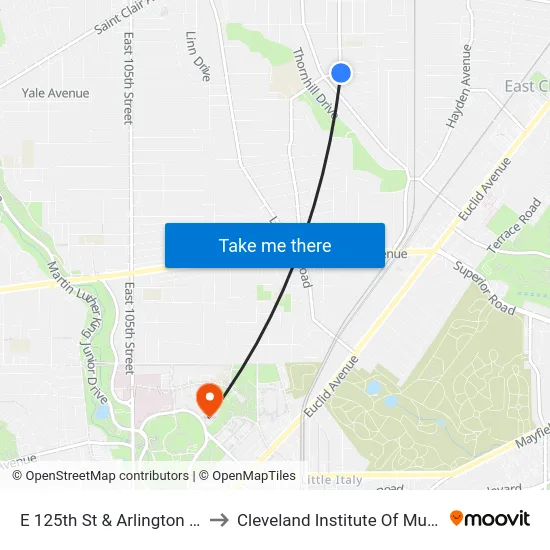 E 125th St & Arlington Av to Cleveland Institute Of Music map