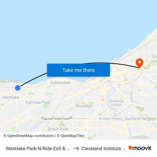 Westlake Park-N-Ride Exit & Columbia Rd to Cleveland Institute Of Music map