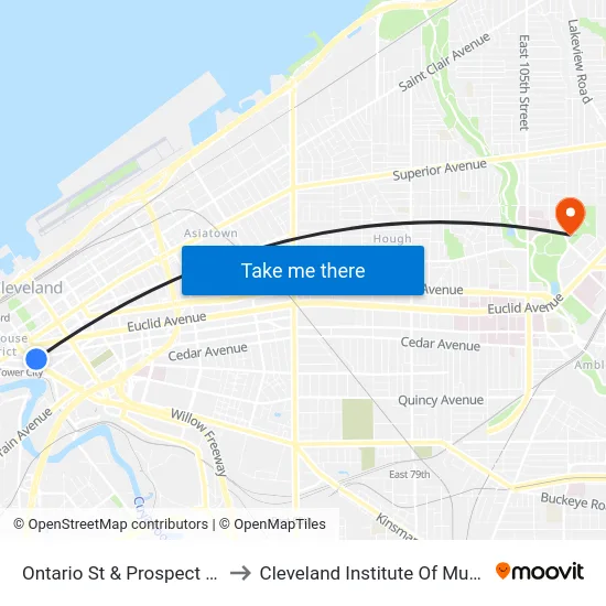 Ontario St & Prospect Av to Cleveland Institute Of Music map