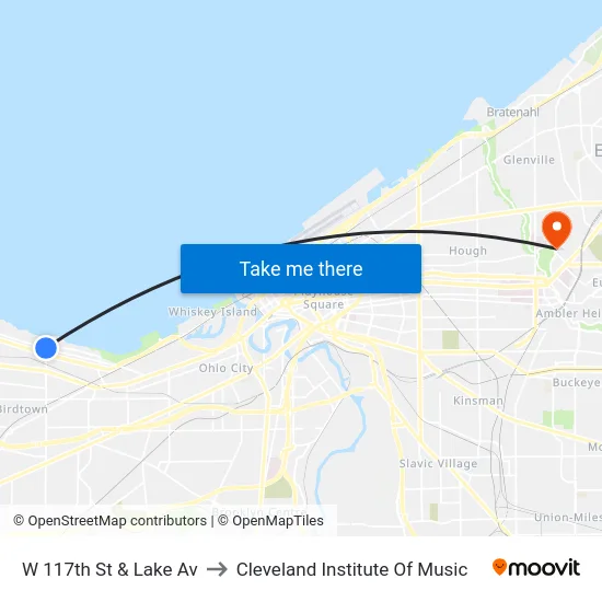 W 117th St & Lake Av to Cleveland Institute Of Music map
