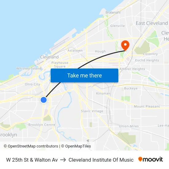 W 25th St & Walton Av to Cleveland Institute Of Music map