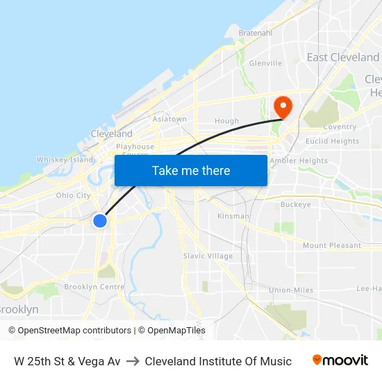 W 25th St & Vega Av to Cleveland Institute Of Music map