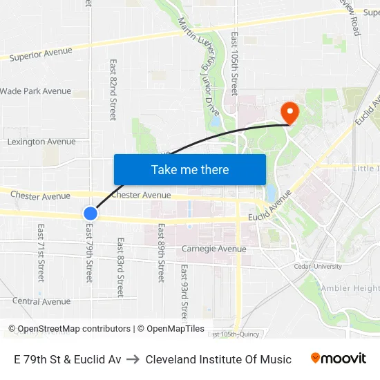 E 79th St & Euclid Av to Cleveland Institute Of Music map