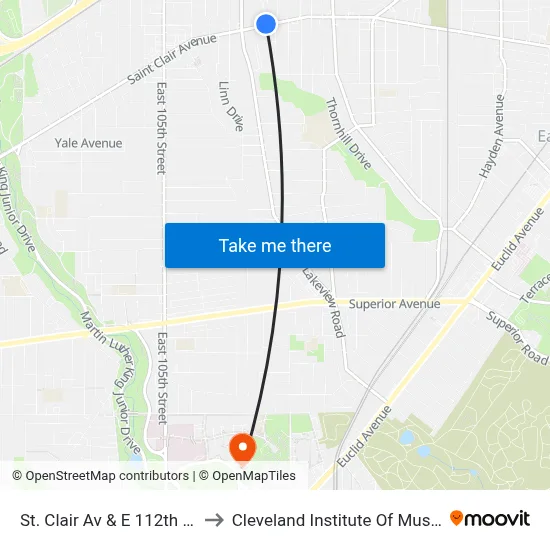St. Clair Av & E 112th St to Cleveland Institute Of Music map