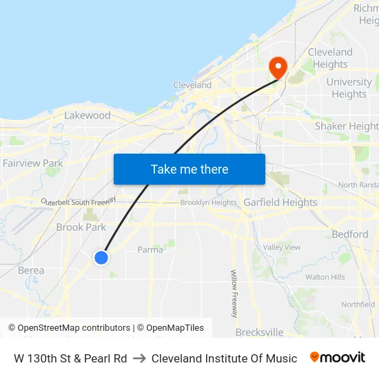 W 130th St & Pearl Rd to Cleveland Institute Of Music map