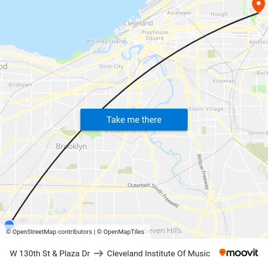 W 130th St & Plaza Dr to Cleveland Institute Of Music map