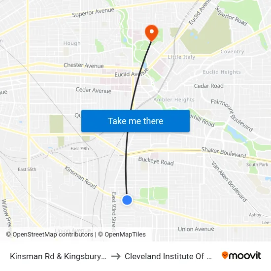 Kinsman Rd & Kingsbury Blvd to Cleveland Institute Of Music map