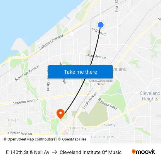 E 140th St & Nell Av to Cleveland Institute Of Music map