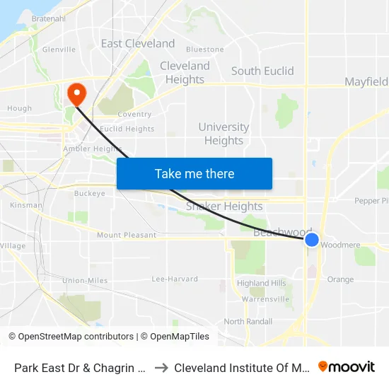 Park East Dr & Chagrin Blvd to Cleveland Institute Of Music map