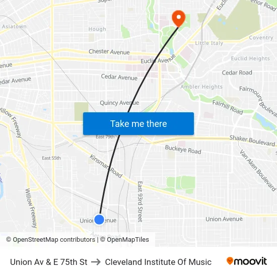 Union Av & E 75th St to Cleveland Institute Of Music map