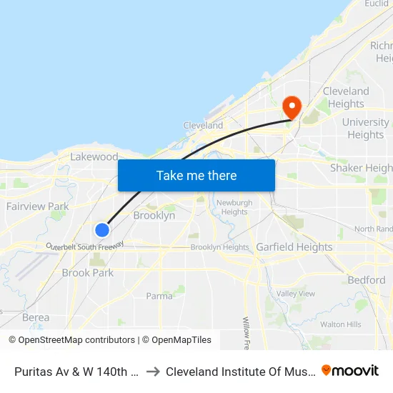 Puritas Av & W 140th St to Cleveland Institute Of Music map