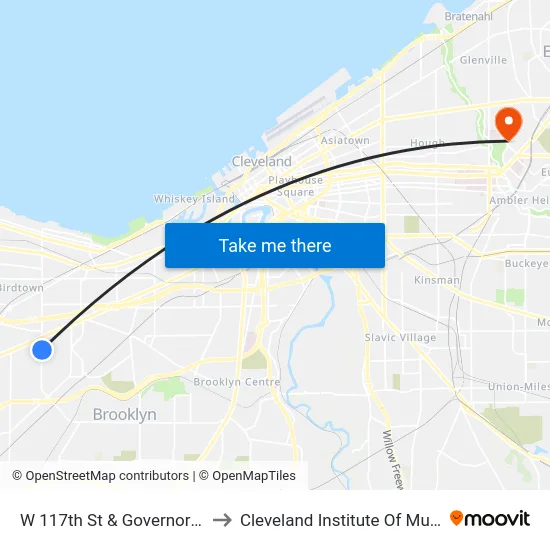 W 117th St & Governor Av to Cleveland Institute Of Music map