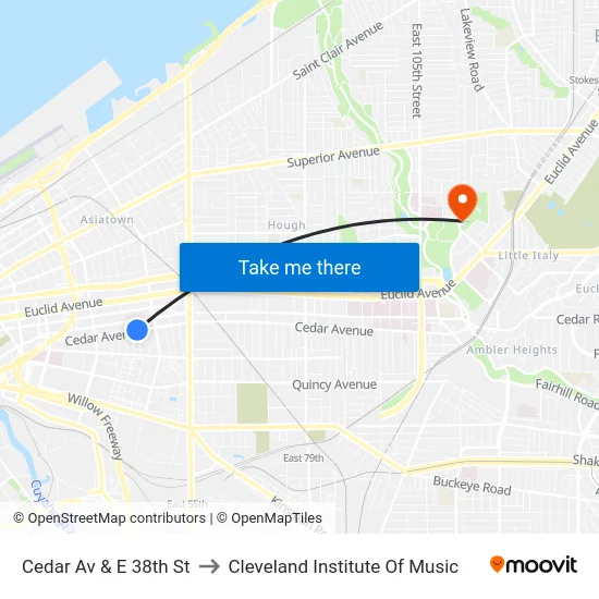 Cedar Av & E 38th St to Cleveland Institute Of Music map