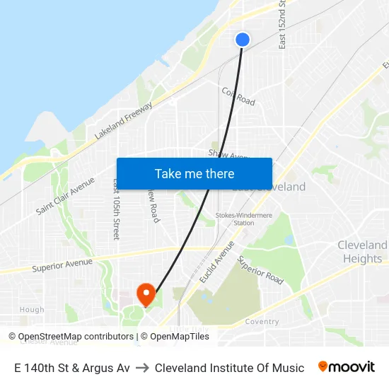 E 140th St & Argus Av to Cleveland Institute Of Music map