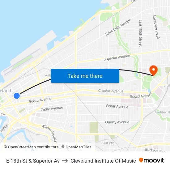 E 13th St & Superior Av to Cleveland Institute Of Music map