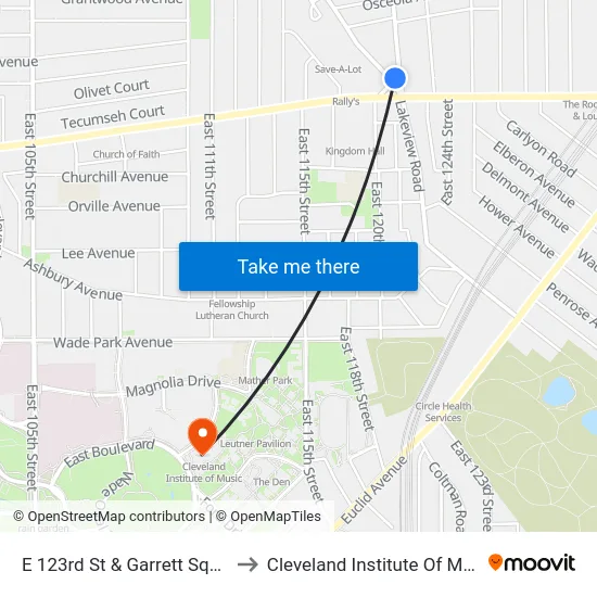 E 123rd St & Garrett Square to Cleveland Institute Of Music map