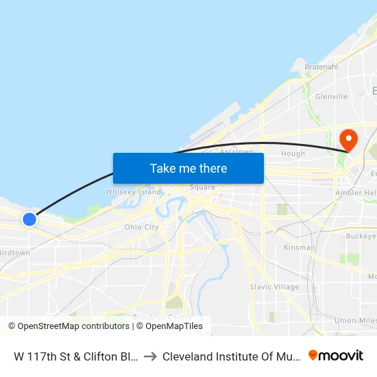 W 117th St & Clifton Blvd to Cleveland Institute Of Music map