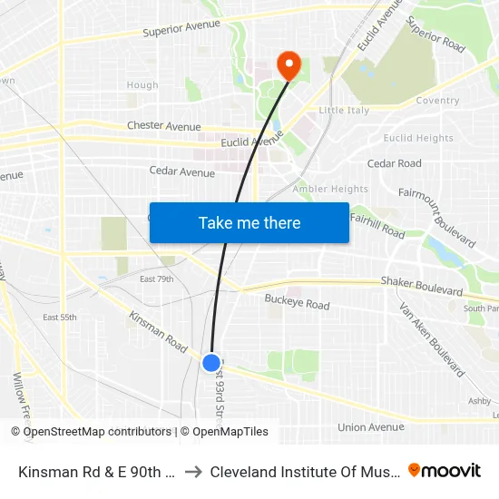 Kinsman Rd & E 90th St to Cleveland Institute Of Music map