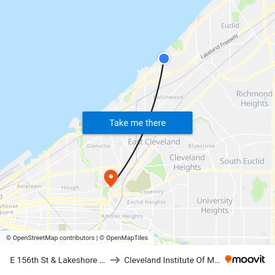 E 156th St & Lakeshore Blvd to Cleveland Institute Of Music map