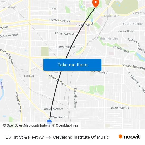 E 71st St & Fleet Av to Cleveland Institute Of Music map