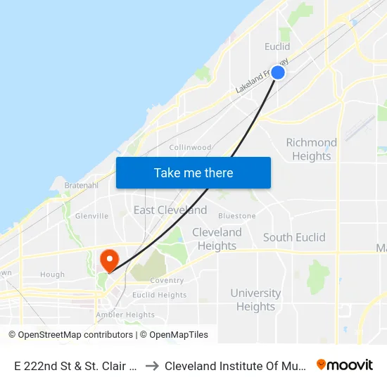 E 222nd St & St. Clair Av to Cleveland Institute Of Music map