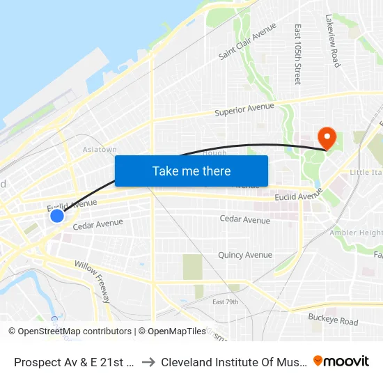 Prospect Av & E 21st St to Cleveland Institute Of Music map
