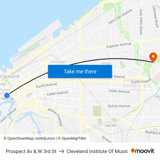 Prospect Av & W 3rd St to Cleveland Institute Of Music map