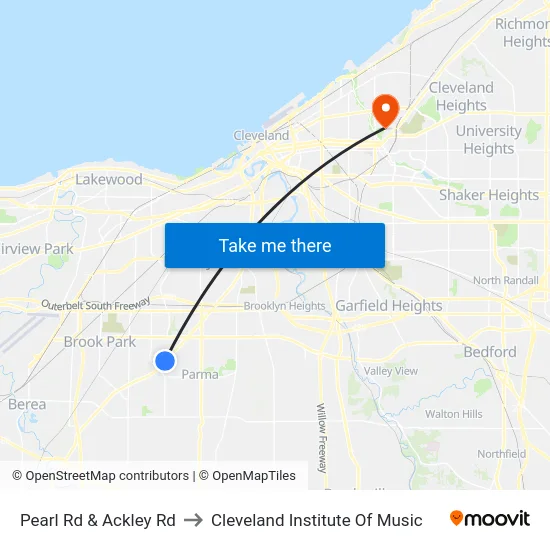 Pearl Rd & Ackley Rd to Cleveland Institute Of Music map
