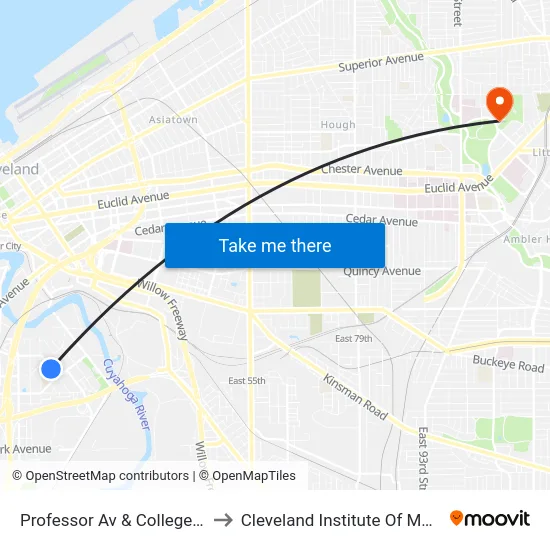 Professor Av & College Av to Cleveland Institute Of Music map