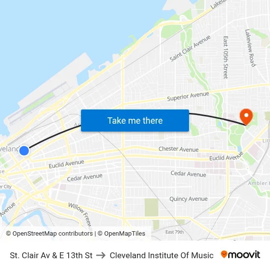 St. Clair Av & E 13th St to Cleveland Institute Of Music map