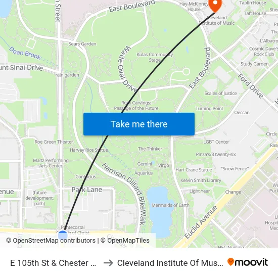 E 105th St & Chester Av to Cleveland Institute Of Music map