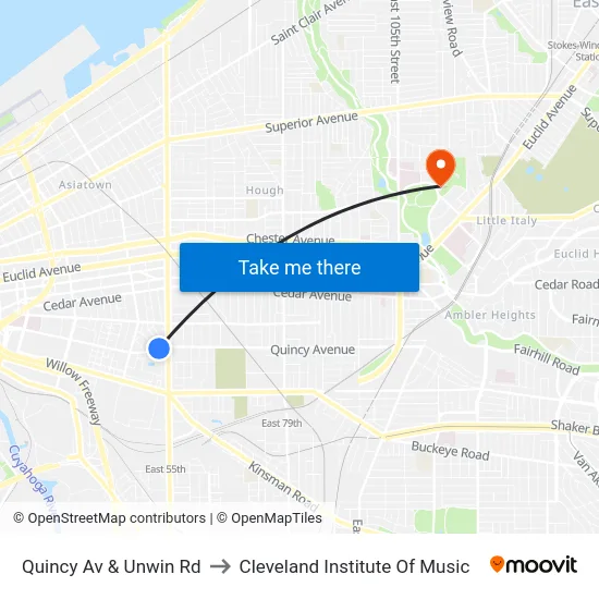 Quincy Av & Unwin Rd to Cleveland Institute Of Music map